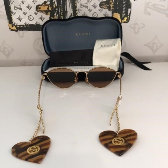 New Authentic Gucci GG0977S 002 Gold Cat-Eye Sunglasses Brown Lenses - Picture 8 of 11